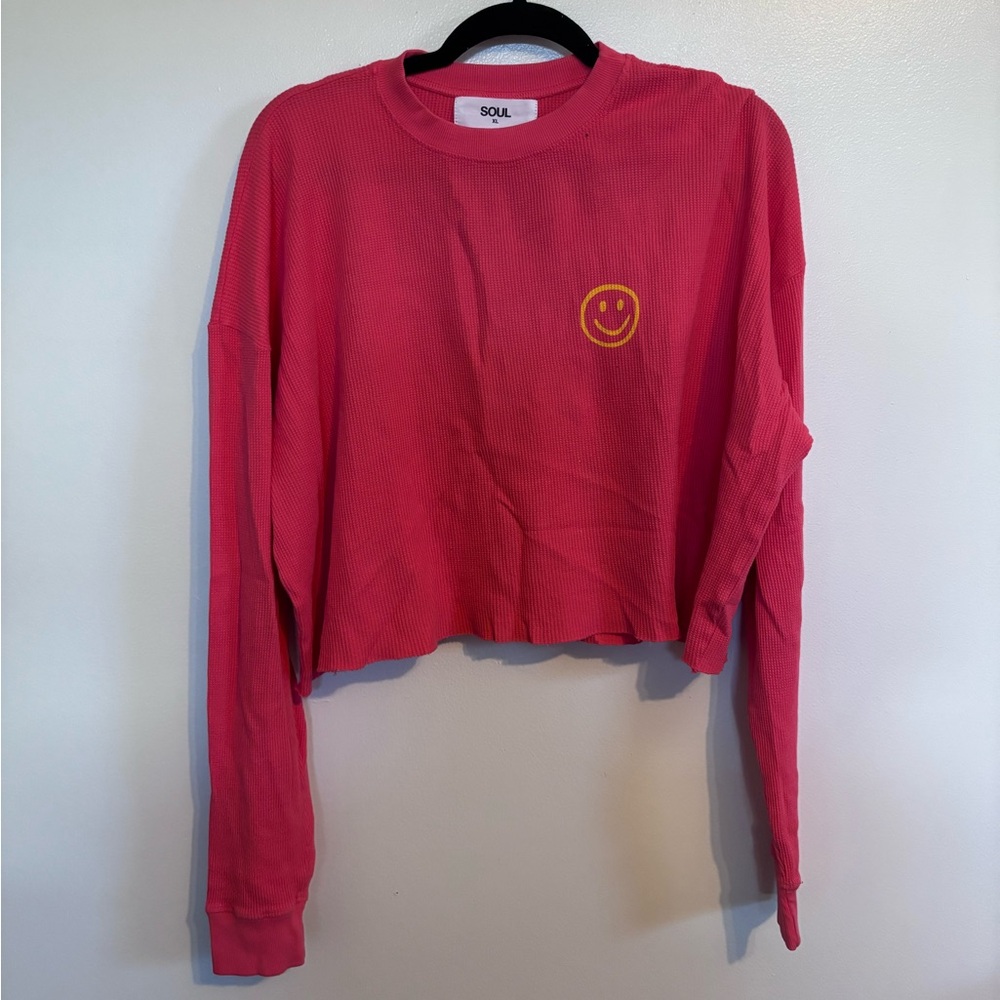 Soul waffle pink long sleeve thermal crop top with smiley face on front size XL